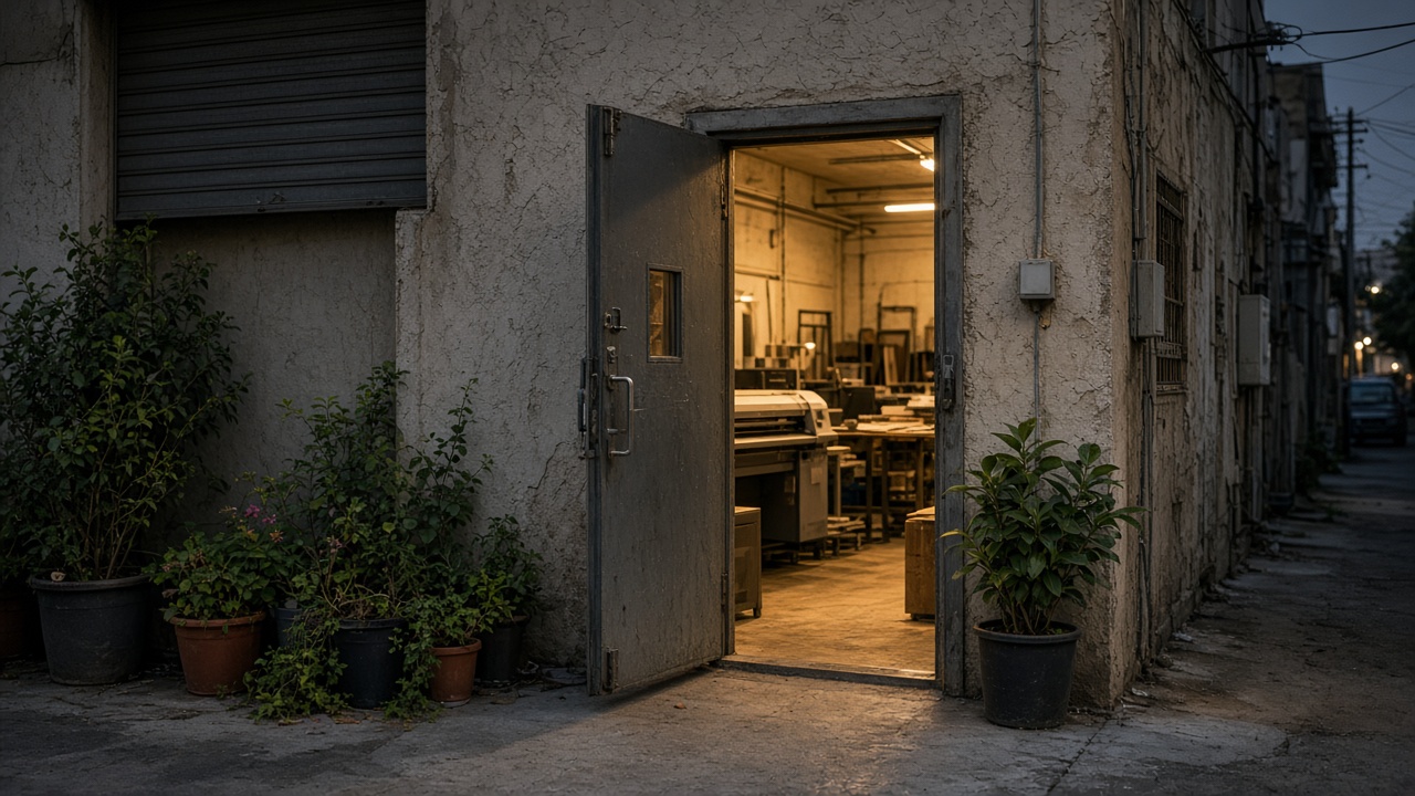 Evening alley with an open door into a print shop