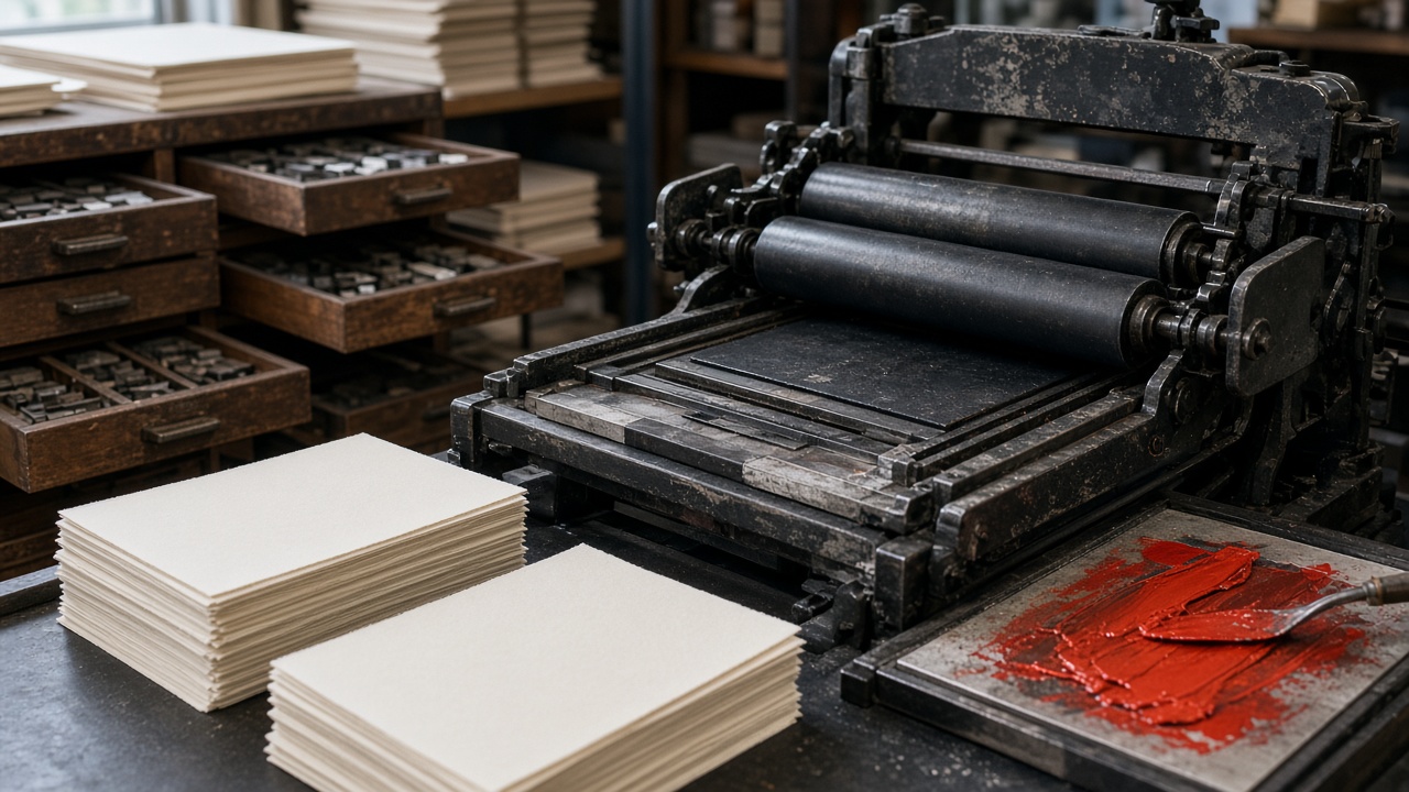 Letterpress bed, rollers, and cotton paper