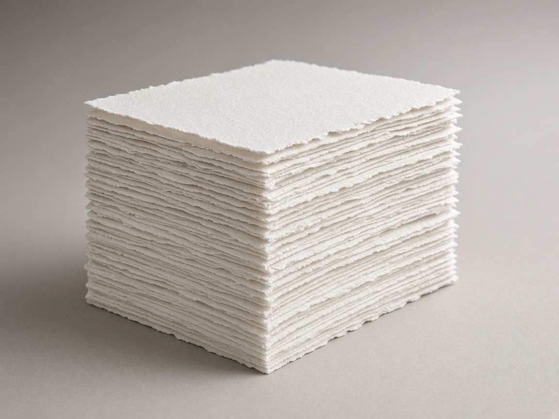 Stack of thick cotton paper with deckled edges