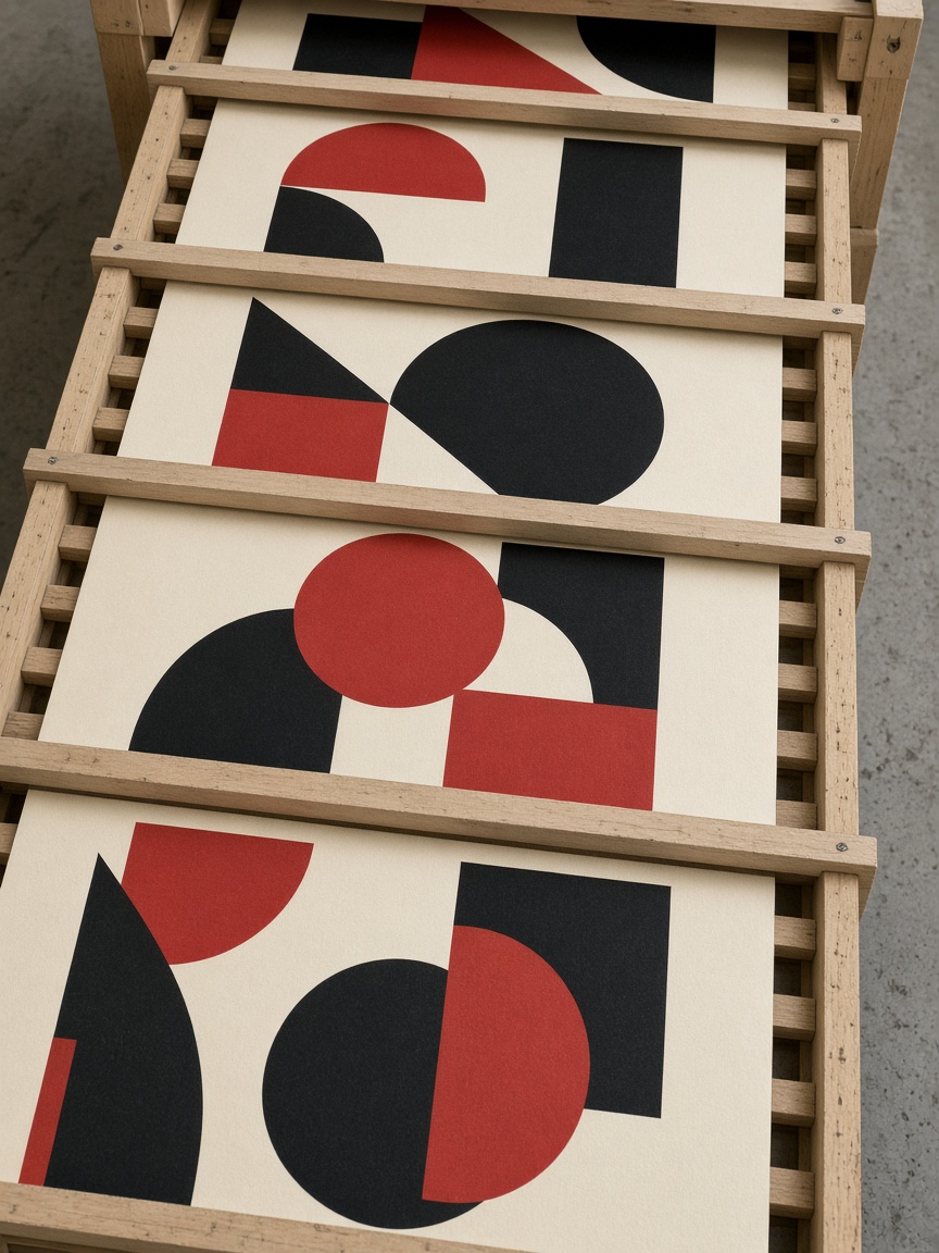 Abstract posters drying on a wooden rack