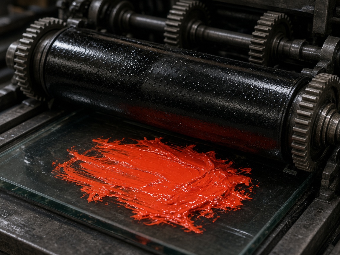 Black ink rollers and a vermilion smear